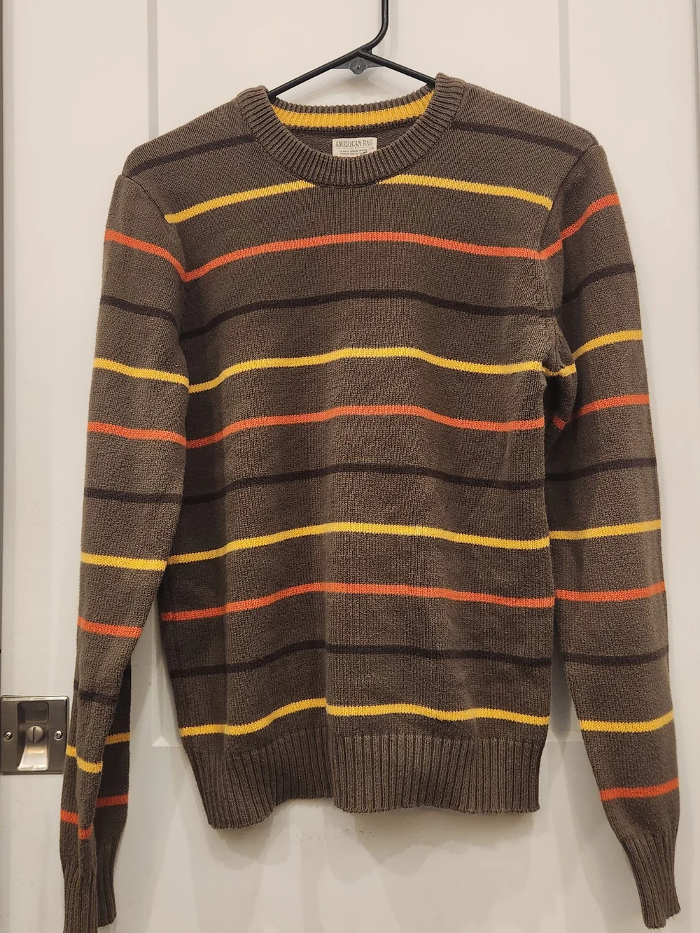 American Rag Brown Crewneck Sweater with Yellow & Orange Stripes